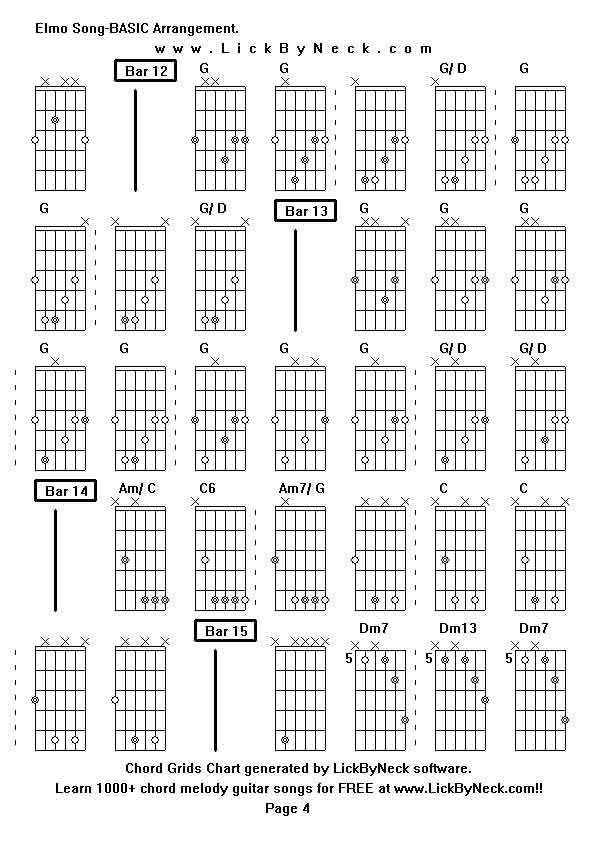 Chord Grids Chart of chord melody fingerstyle guitar song-Elmo Song-BASIC Arrangement,generated by LickByNeck software.